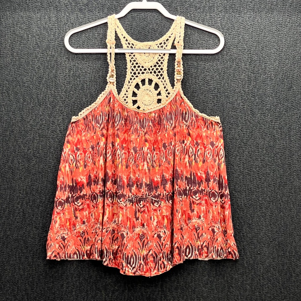 Free People Ikat Crochet Racerback Tank Top Red Orange Shell Embellished Large
